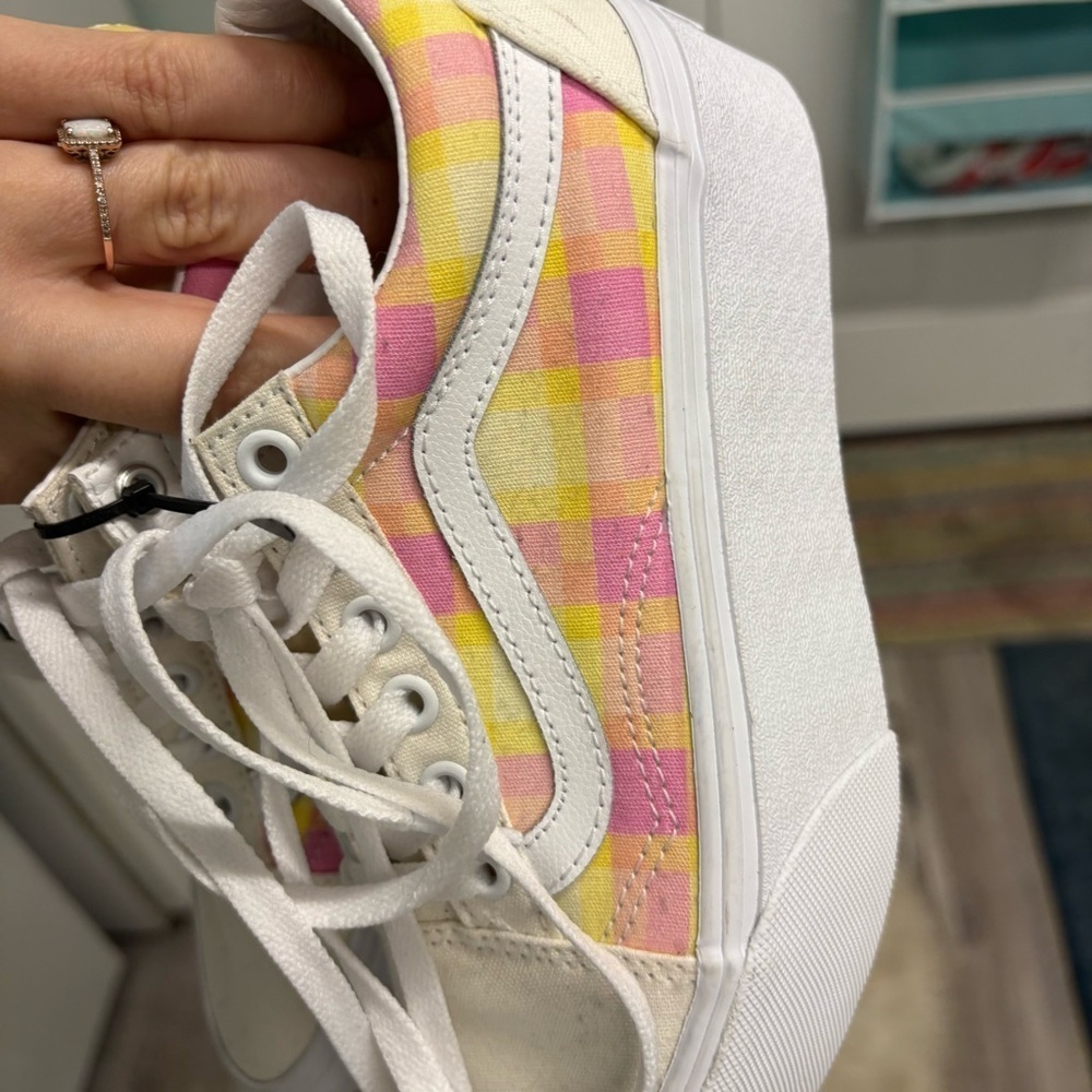New Vans Women's OLD SKOOL STACKFORM PASTEL PICNIC PINK PLAID SNEAKERS 5 or 3.5 - Picture 7 of 8